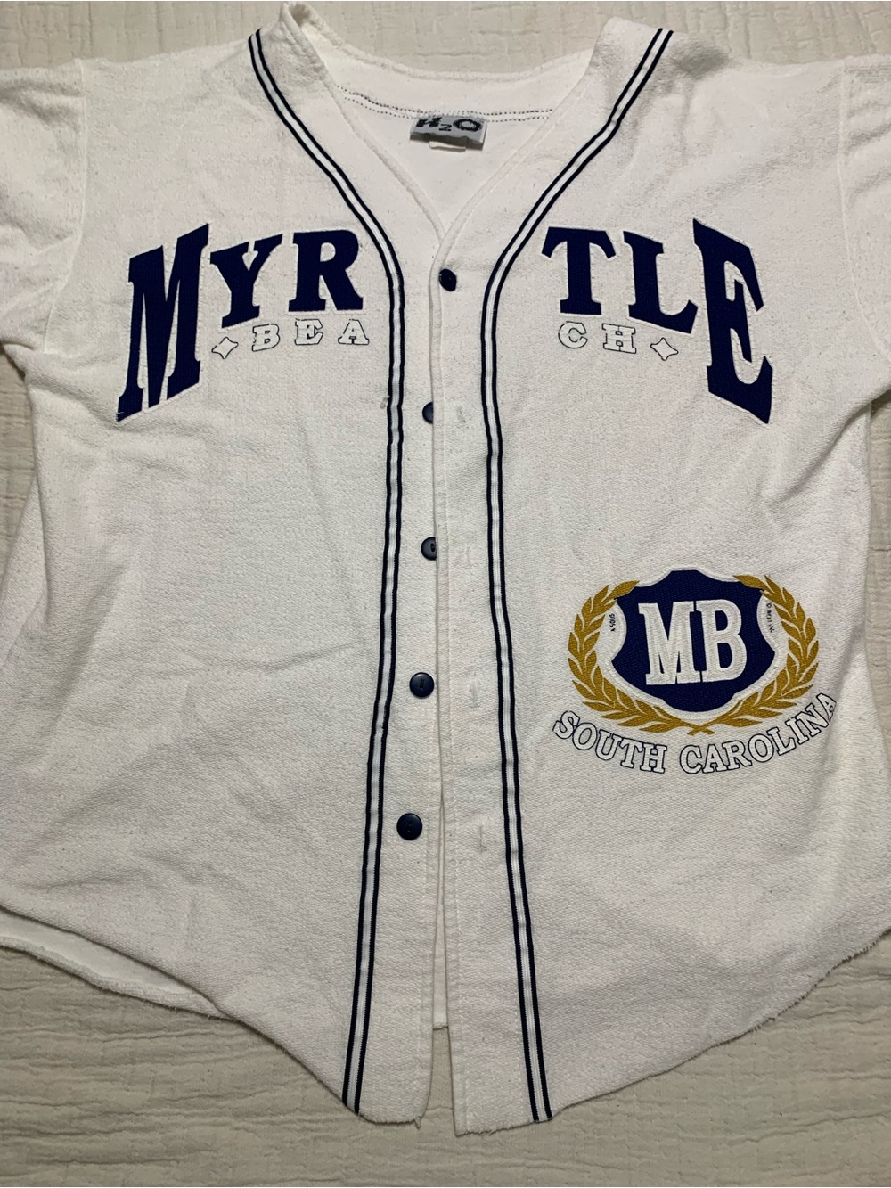 White Myrtle Beach Baseball-Style Jersey with Navy and Gold Crest